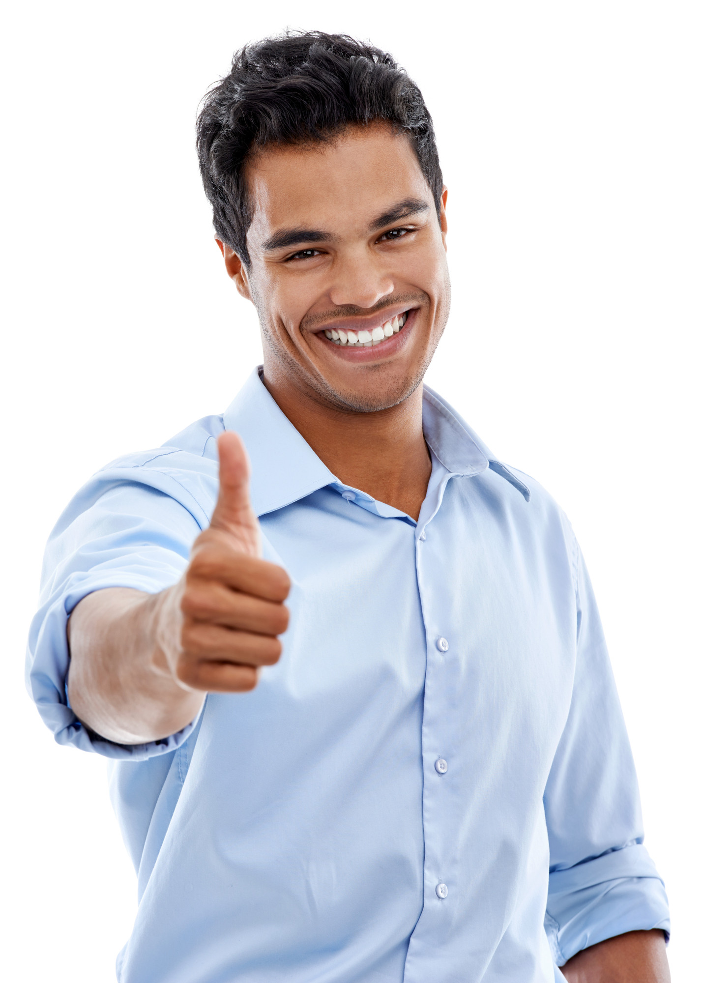 Studio shot of a young man giving the thumbs up sign isolated on white